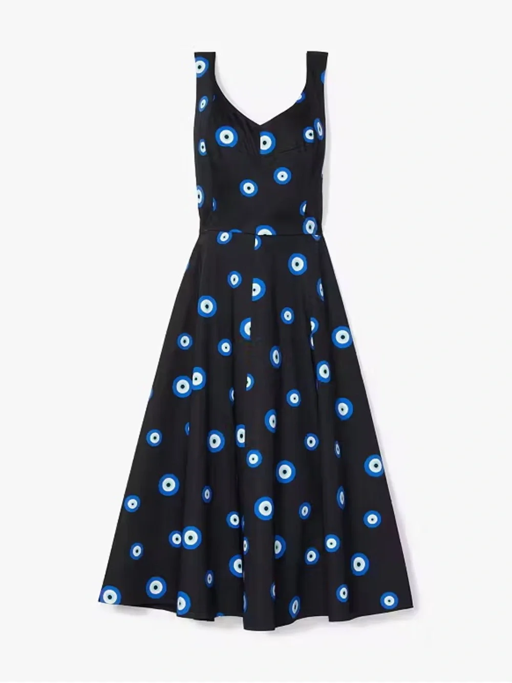 Kate Spade Black Blue Evil Eye Print Sleeveless Cotton Poplin Midi Flare Dress 🧿